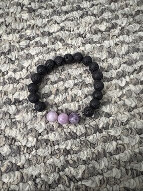 Black Lava Bead Bracelet with Lavender Stone Accents